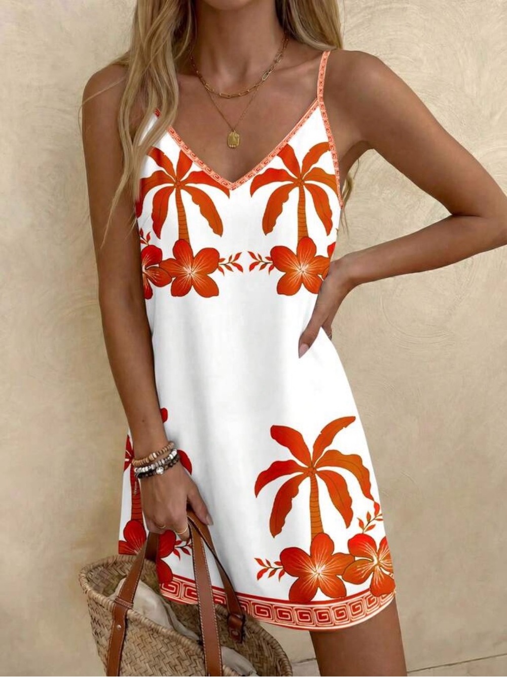 Tropical White Slip Dress with  Floral & Palm Print